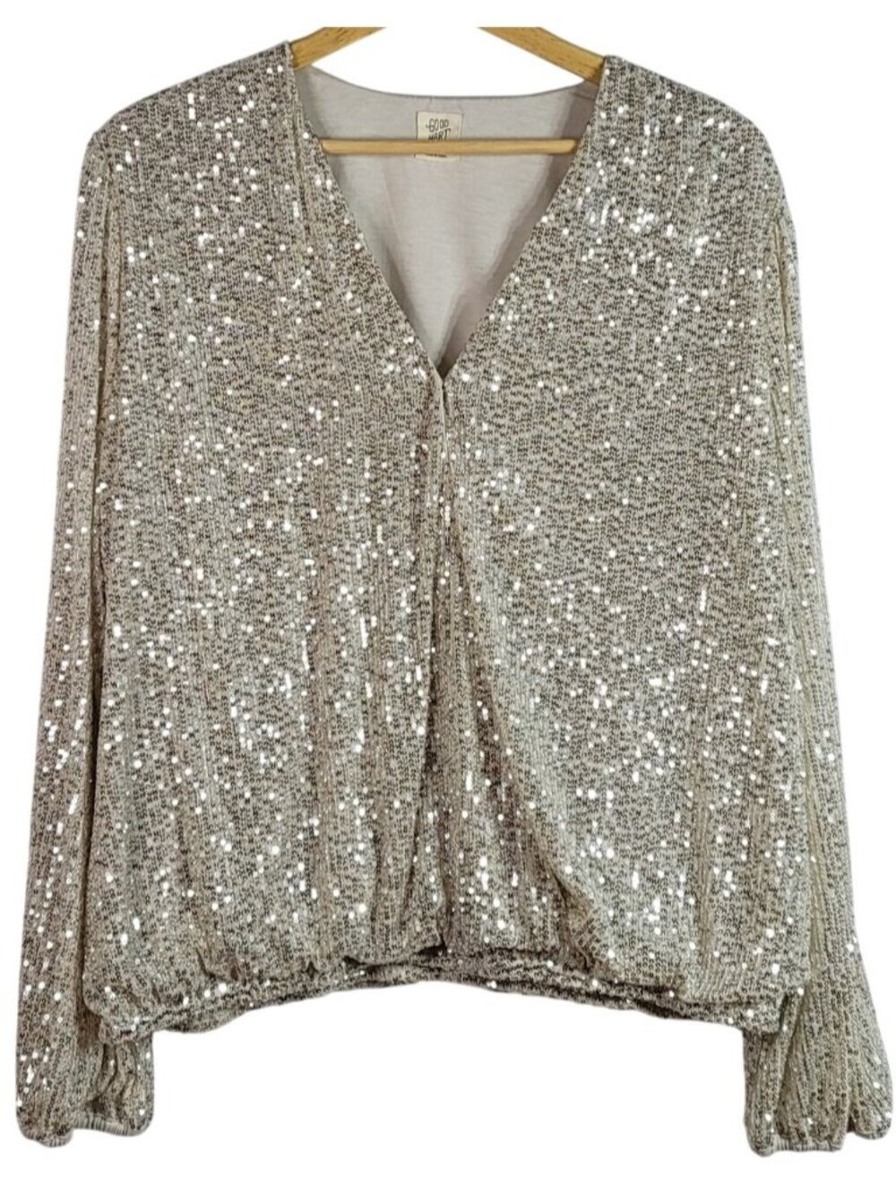 Good Hart Women Sequin Top Silver XL VcNeck Sheer Long Sleeve Lined Matilda Jane